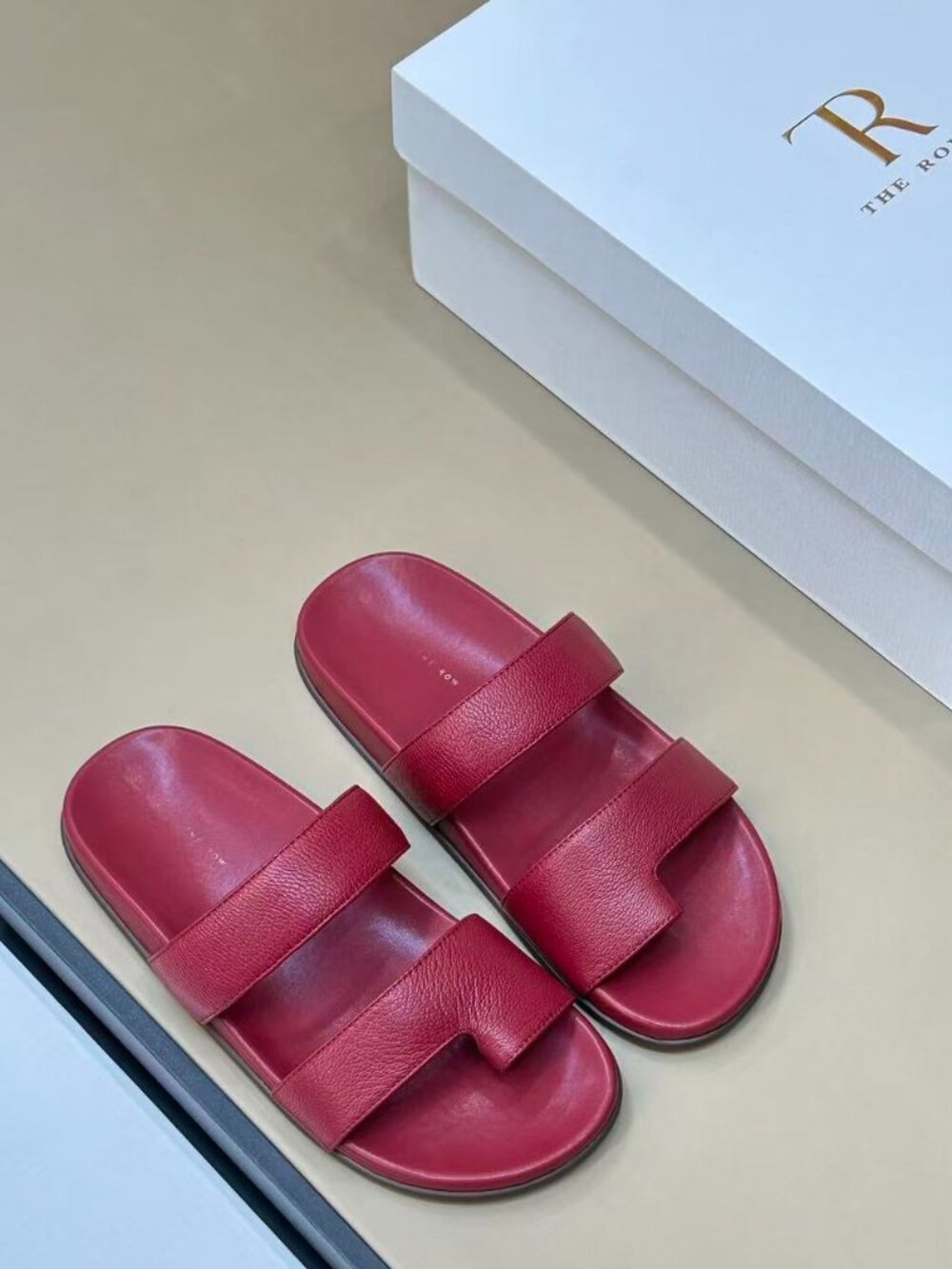 The Row Red Leather Two-Strap Flat Slide Sandals